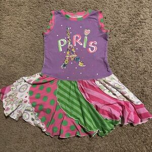 Boutique custom upcycled girls twirly dress Paris tee 13 x25 approx size 5/6/7